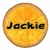 Circular pixelated icon with orange-yellow gradient background and brown border, featuring black text "Jackie" across the middle.