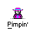 Pixel art character with purple hat and pink outfit, shown in multiple poses with another character, text below reads "Pimpin'".