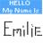 Pixelated blue banner with 'HELLO My Name Is' text above large gray 'Emilie' letters on white background.