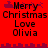 Red background with pixelated text reading 'Merry Christmas Love Olivia' and purple decorative elements, showing two states: one with top-left snowflakes and bottom-right cityscape border, another without those borders.