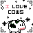 Pixel art contact sheet of a cow-themed animated icon with repeating text and decorative elements across 9 frames arranged in a 3x3 grid.