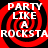Red and black spiral background with white text reading "PARTY LIKE A ROCKSTAR" in four identical quadrants.