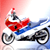 Animated motorcycle icon with rider in red and white gear on a blue-and-white bike, displayed across three frames showing motion blur effects.