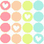pixelated icons featuring pastel circles with heart cutouts, neon hearts on black, and a colorful mosaic pattern
