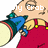 Pixelated cartoon character in red overalls and blue shirt holds a large drum-like object, with text changing across frames.