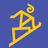 Yellow pixelated figure in dynamic skateboarding pose on solid blue background, arms outstretched and knees bent.