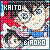 Pixelated image of a character with light hair and blue eyes, wearing a white top and blue shorts, with red accents and text reading 'KAITO' and '6 AOKO' in blocky font.
