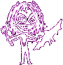 Four identical cartoon figures with purple outlines, large eyes, wide grins, and bat-like wings in various poses against a gray background.