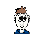 Pixelated cartoon avatar with brown spiky hair and blue shirt showing four distinct facial expressions against gray background.