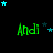 Green text reading 'Andi' appears multiple times on a black background with scattered blue and dark blue stars, some of which move across the frame.