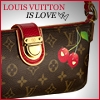 Brown Louis Vuitton monogram bag with red leather strap and gold clasp, featuring two red cherries with green leaves attached to the right side.