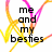 Animated icon with yellow and pink abstract lines over black text reading 'me and my besties' on the left, transitioning to partial abbreviations like 'kw:', 'ab:', 'sc:' on the right.
