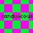A static image with a green and pink checkered background, featuring the repeated text 'candylicous' in black pixelated font across two horizontal bands.