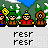 Pixel art animation of cartoon characters in a forest setting with repeated text overlays and speech bubbles.