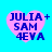 Four identical pink heart-shaped icons with blue text on a cyan background, each displaying 'JULIA + SAM 4EVA' in pixelated font.