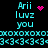 Pixelated text and symbols on black background with cyan and pink elements, including 'Arii luvz you' and repeated 'xoxo' and '3<3' patterns.