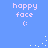 Blue background with four identical pixelated 'happy face :)' text blocks and scattered yellow dots in a pattern