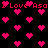 Pixelated red text and pink hearts on black background with animated heart movement.