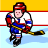 Pixelated hockey player in red helmet and blue-white uniform holding a stick on ice rink with yellow, white, and red background stripes.