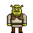Pixel art depiction of a green ogre with small horns, wearing brown vest over white tunic and orange pants against gray background.