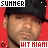 Pixelated image of a person wearing a black cap against red and gray backgrounds with repeated text overlays.