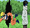 Animated sequence of a character in orange jumpsuit performing acrobatic moves against green foliage background with static figure.