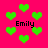 Bright pink background with scattered green pixelated hearts and repeated black text reading 'Emily' in a blocky font.