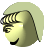 Pixelated circular icon shows a stylized face with light brown hair, closed eyes, and a smiling mouth against a pale green background.