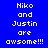 Blue background with white pixelated text reading "Niko and Justin are awesome!!!" arranged in a , where red rectangular blocks highlight different segments of the text across three