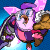 Pixelated character with pink ears and purple hat, brown arms, pink body, silver armor, blue background, mouth open in mid-expression.