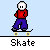 Pixel art animation of a character in red shirt and blue pants performing skateboarding actions on light blue background with gray platforms.