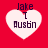 Four identical heart-shaped icons with white fill and dark text reading "Jake I Austin" on a solid red background.