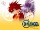 Two anime-style characters with spiky red and purple hair stand side-by-side against a yellow background, transitioning to blue; below them is an action scene of two figures in motion.