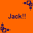 Orange background with blue pixelated text 'Jack!!' and four distinct blue square-based icons arranged in a pattern