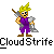 Pixel art character with spiky yellow hair and purple outfit holding a large silver sword, displayed in a with repeated text below