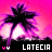 Pixelated palm tree silhouette against pink gradient sky with white ground, text 'LATECIA' and two pink '44' symbols below.