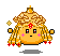 Pixelated character with golden-brown hair, red bindi-like mark on forehead, pink cheek marks, and small orange hands; four variations show mouth expressions changing from neutral to open to smiling.