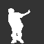 White silhouettes of a figure in various dynamic poses against dark background, arranged in with one gray square at bottom-right