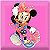 Pixelated cartoon character with large black ears, white face, and colorful outfit against pink background.