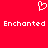 Red background with white pixelated heart symbol above two instances of the word 'Enchanted' in pixelated text.