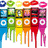 A static image of a of colorful, dripping circular icons with white centers and various symbols on top