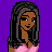 Pixel art buddy icon featuring a brown-skinned woman in pink attire against purple background with text overlay.