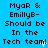 Blue background with repeated pixelated text reading "MyaR & EmilyB-Should be In the Tech team!" in dark brown, with small white pixel artifacts scattered across the text.