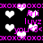 Black background with pink 'xoxo' borders, white hearts, and repeated text elements in purple.