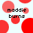 Pixelated red circles float over a white background with "maddie burns" text in black pixel font, animated as circles shift positions across frames.