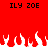 Red background with black text "ILY ZOE" repeated twice at top, white pixelated flames along bottom edge.
