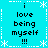 Pixelated cyan background with white dashed borders and star motifs, displaying repeated text "i love being myself !!!" in black pixel font across four identical quadrants.
