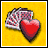Pixelated image of two playing cards and a heart symbol on yellow background with black border.