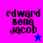 Four pixelated display text 'edward bella jacob' with star symbols on colored backgrounds