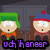 Pixelated image of two cartoon characters with green and blue hats, orange scarf, brown clothing, purple text at bottom.